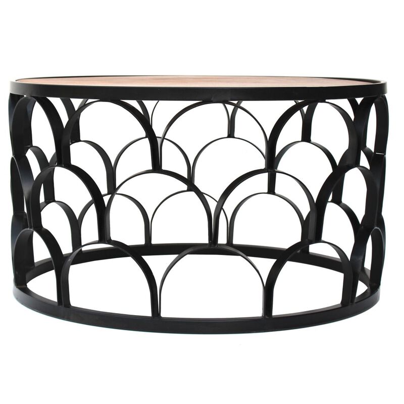 32 Inch Round Coffee Table, Mango Wood Top, Lattice Cut Out Metal Frame, Brown, Black