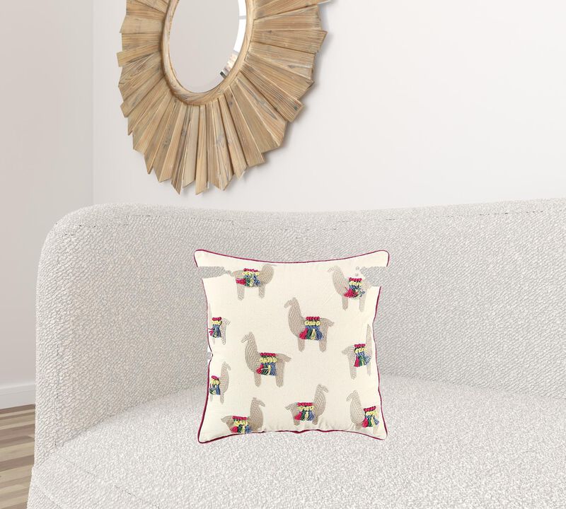 Homezia Ivory Fiesta Fun Embroidered Llamas Throw Pillow