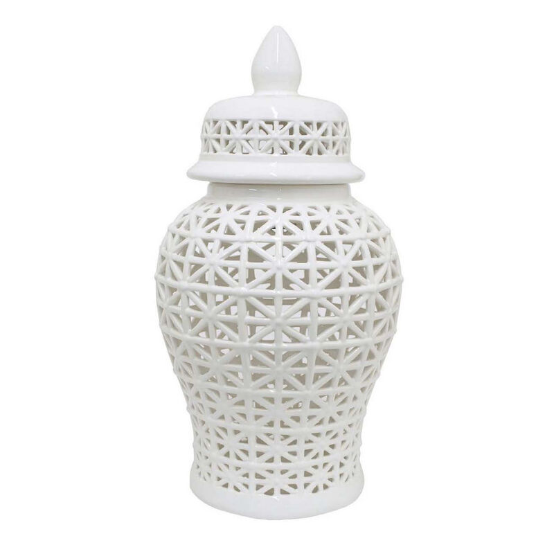 Paul 25 Inch Pierced Temple Jar with Lid, Intricate Pattern Ceramic, White - Benzara