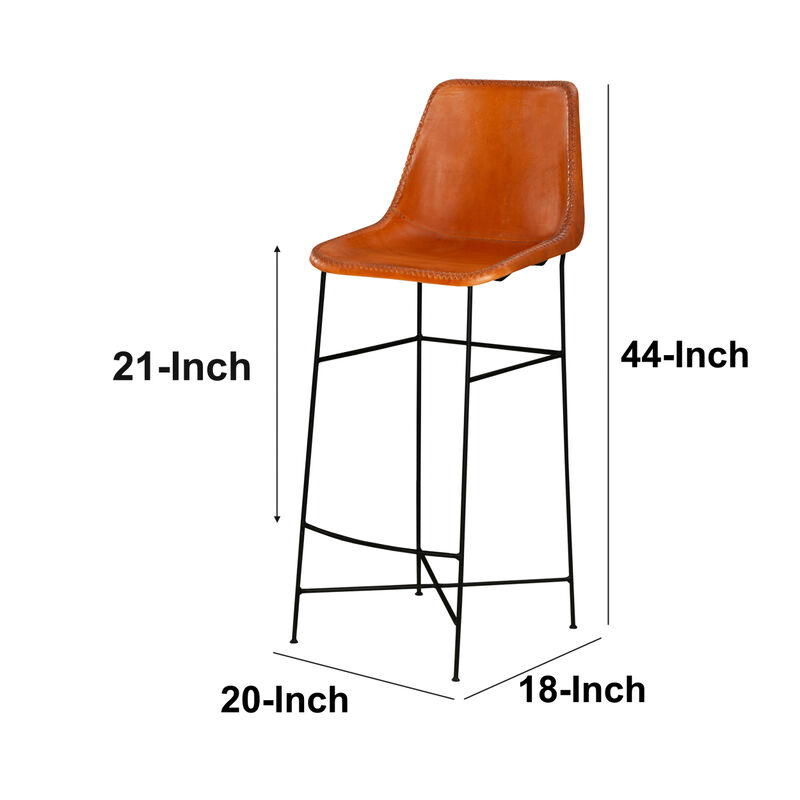 Bar Height Chair with Genuine Leather Upholstery, Tubular Frame, Tan Brown, Black