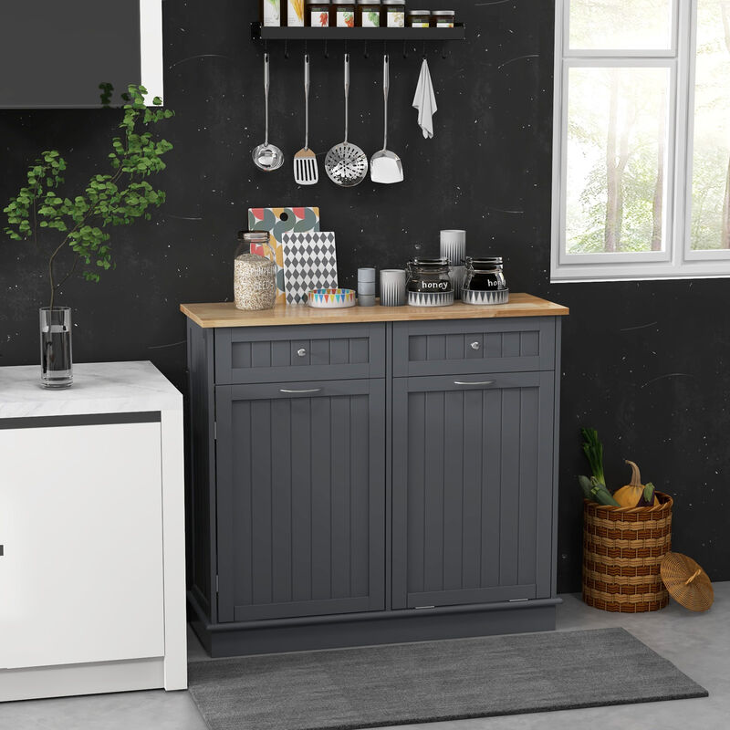 Rubber Wood Kitchen Trash Cabinet with Single Trash Can Holder and Adjustable Shelf-Grey