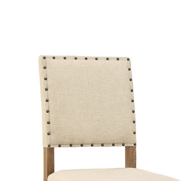 Counter Height Chair, Beige Fabric, Nailhead Trim, Set of 2, Brown Wood Legs-Benzara