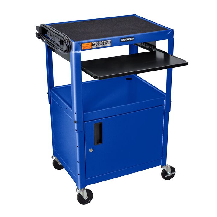 Luxor 42 Inch Mobile Adjustable-Height Multipurpose Steel Utility Storage Audio Video Cart with Locking Cabinet and Pullout Tray - Royal Blue