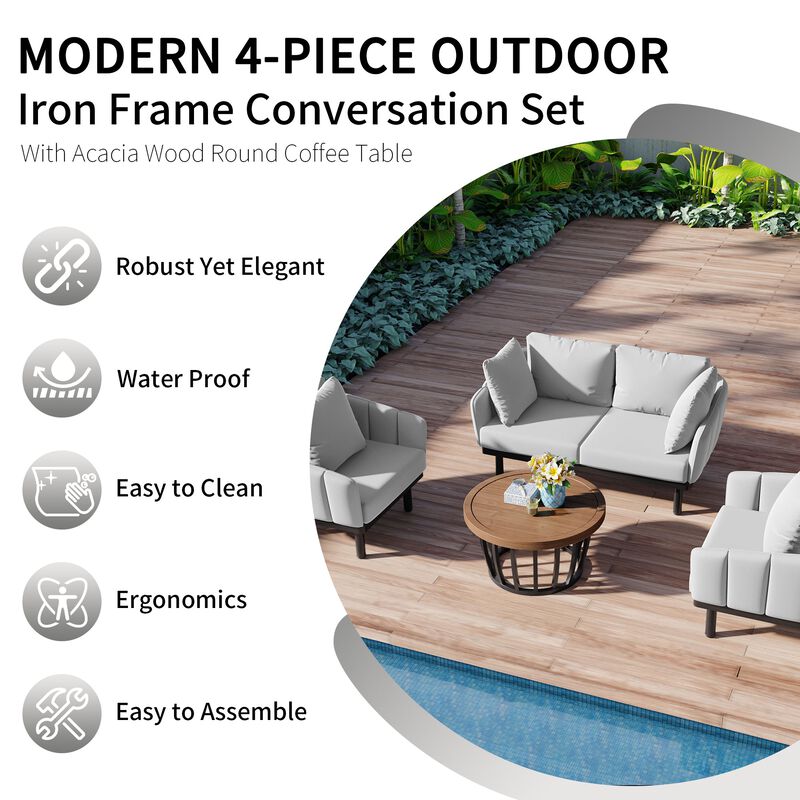 MONDAWE Luxury Modern 4 Piece Outdoor Iron Frame Conversation Set, Patio Chat Set with Acacia Wood Round Coffee Table, Loveseat+Arm Chairs