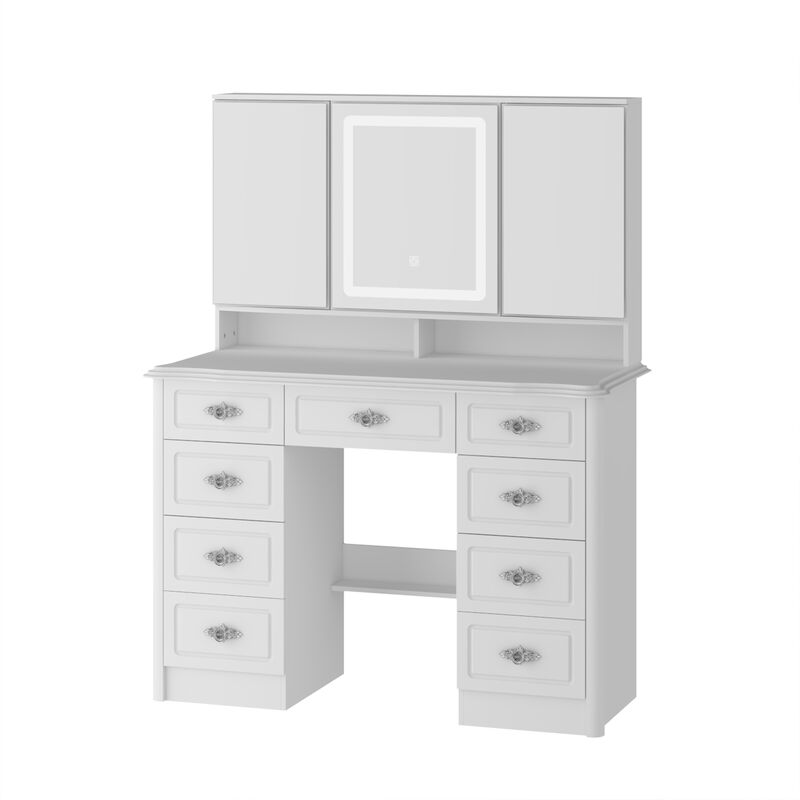 White Makeup Vanity Table Dressing Desk with 3-Mirrors, LED Lighted, 9-Drawers, Hidden Storage Shelves, Crystal Handles