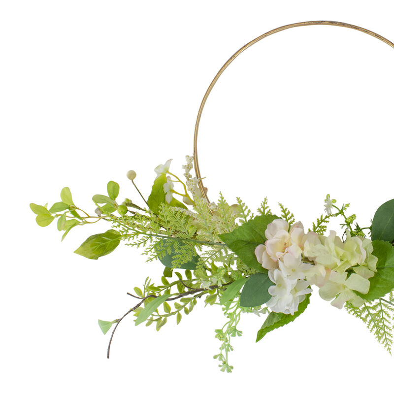 Hydrangea and Fern Golden Ring Wreath Spring Decor  Green and Gold 25"