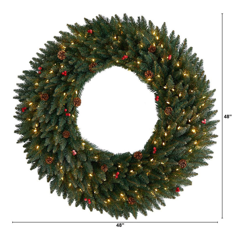 Nearly Natural Large Flocked Artificial Christmas Wreath with Pinecones, Berries, Clear LED Lights and Bendable Branches