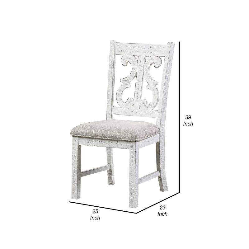 Neci 23 Inch Wood Dining Chair, Set of 2, Carved Back, Padded Seat, White -Benzara