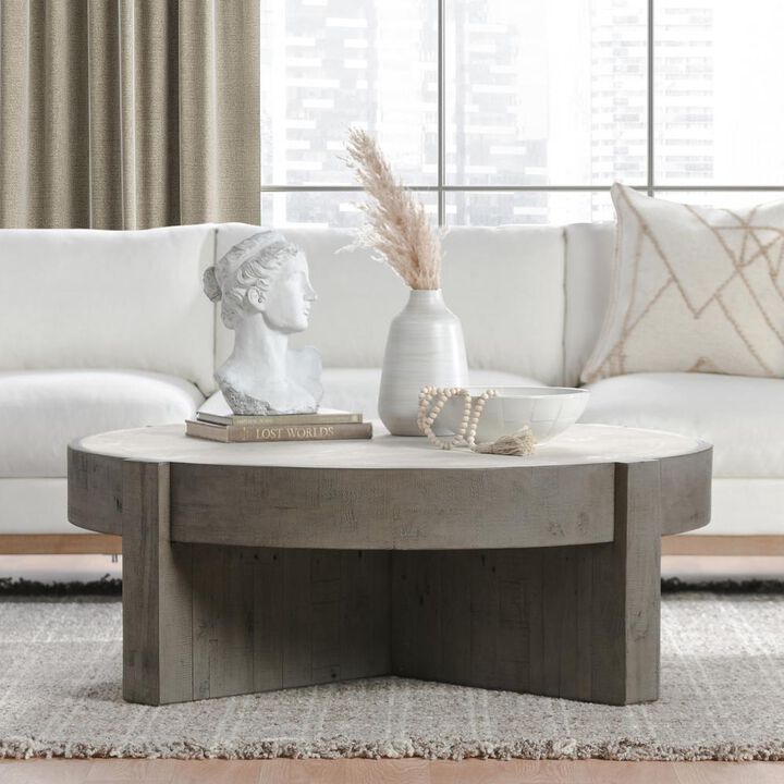 Kosas Home Sonoma 52 Round Reclaimed Pine Coffee Table in Distressed Gray