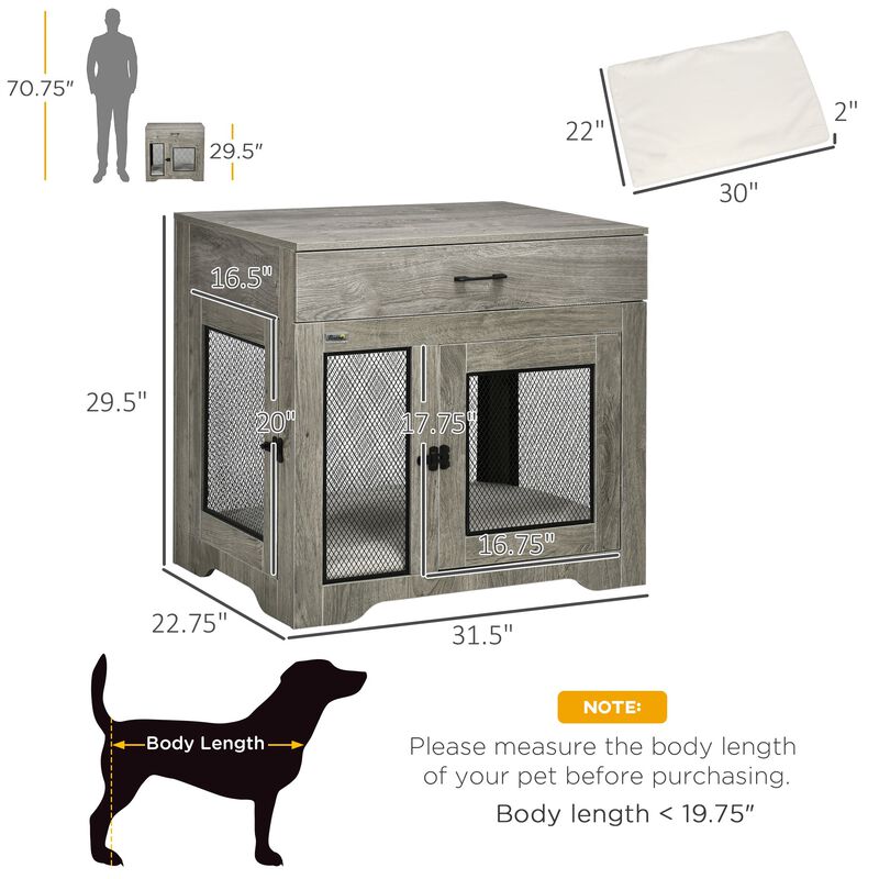Dog Crate Furniture with Soft Water-Resistant Cushion, Dog Crate End Table with Drawer, Puppy Crate for Small Dogs Indoor with 2 Doors, Grey