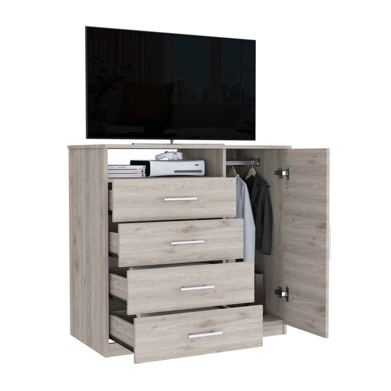 Peru 4 Drawer Dresser, Single Door Cabinet, One Open Shelf, Superior Top -Light Oak / White