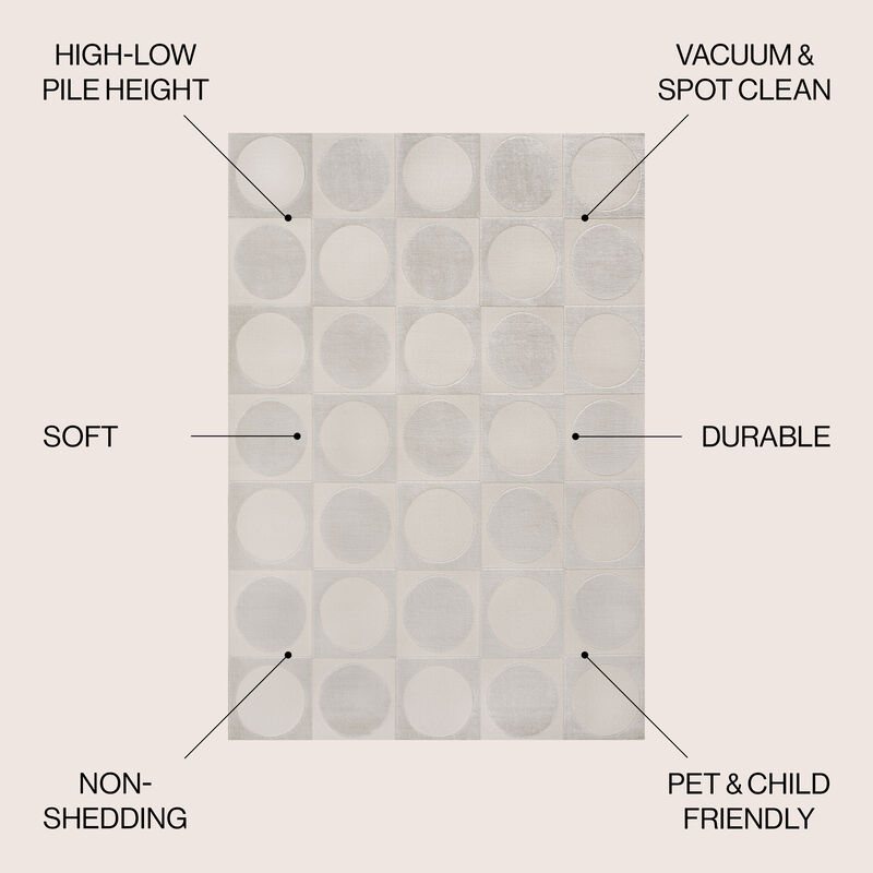 Helena Modern Geometric Circles In Squares High-Low White/Cream 4x6 Area Rug