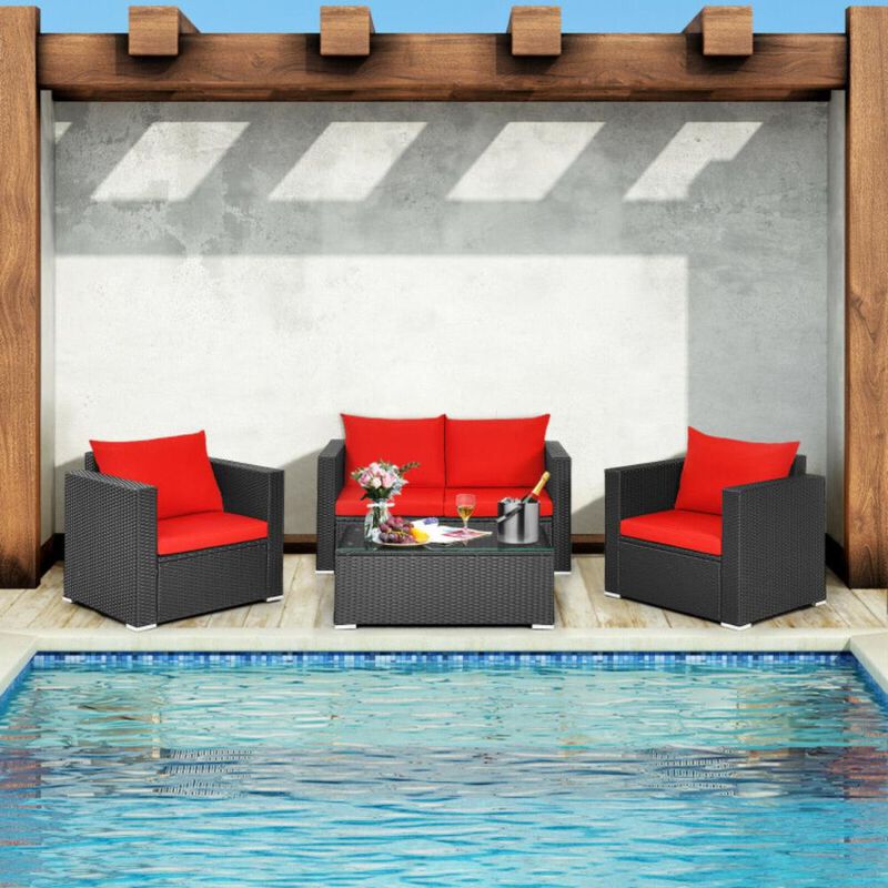 Hivvago 4 Pieces Patio Rattan Conversation Set with Padded Cushions