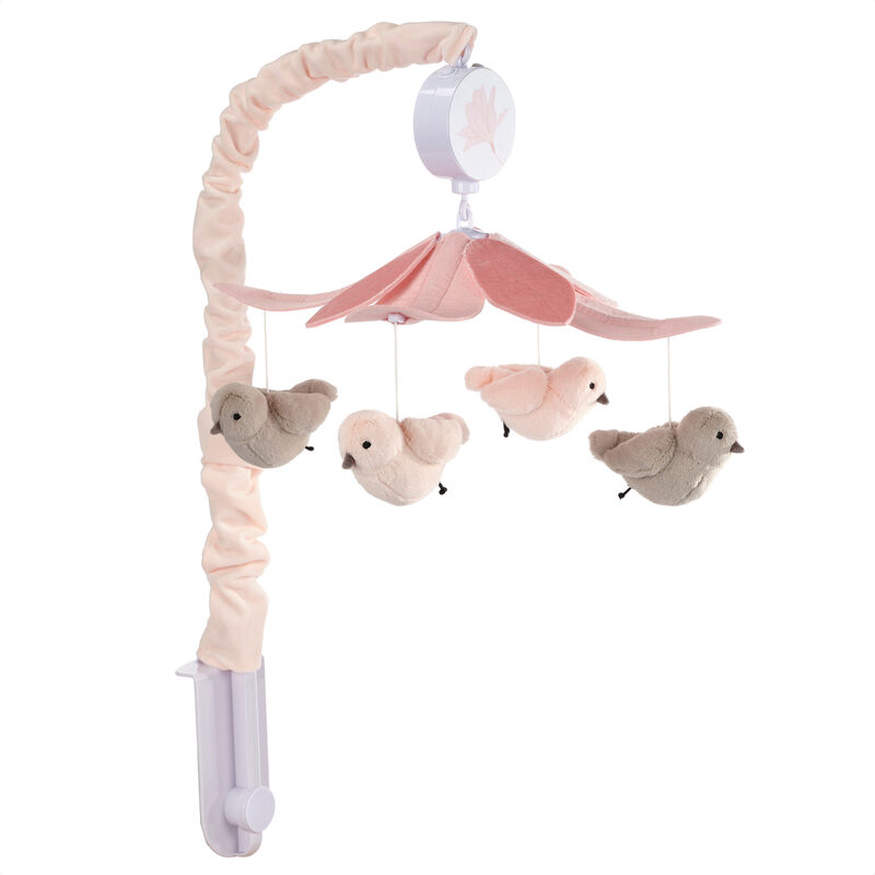 Lambs & Ivy Petals Pink/Gray Birds Musical Baby Crib Mobile Soother Toy