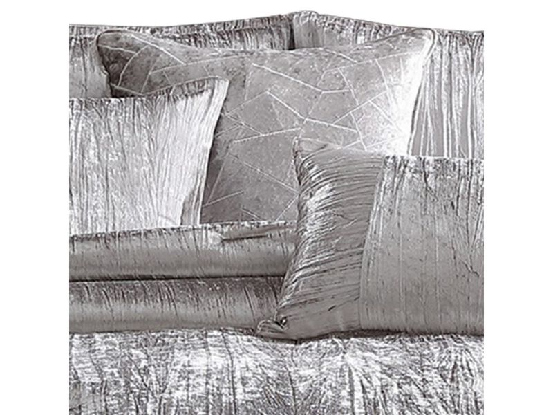 King Size 7 Piece Fabric Comforter Set with Crinkle Texture, Silver - Benzara
