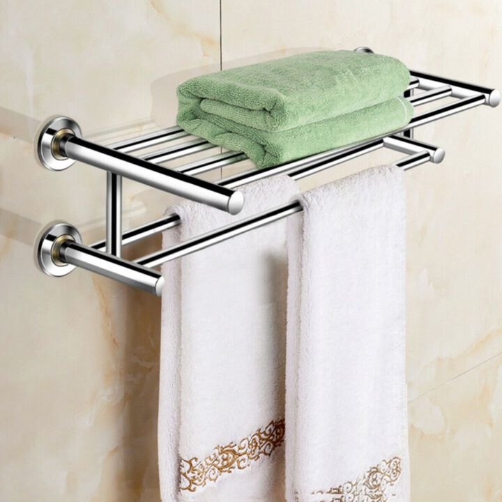 Hivvago 24 Inch Wall Mounted Stainless Steel Towel Storage Rack with 2 Storage Tier