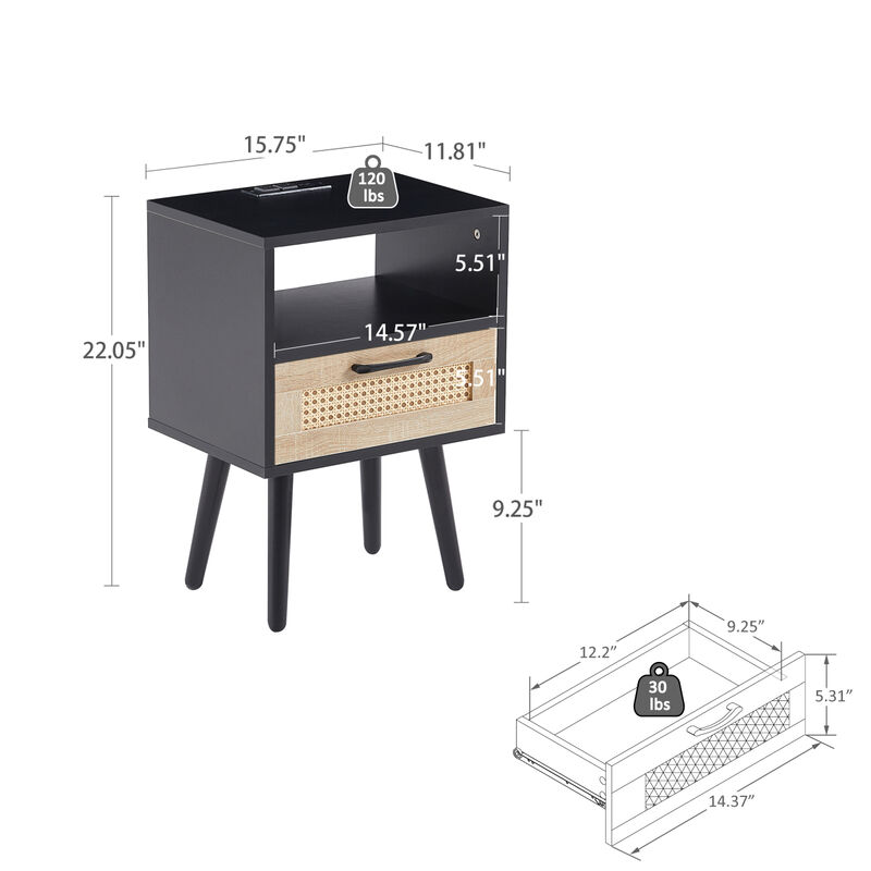 Rattan End table with Power Outlet & USB Ports , Modern nightstand with drawer and solid wood legs, side table for living room