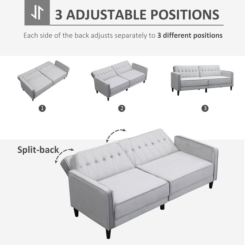 Convertible Sleeper Sofa, Futon Sofa Bed with Split Back Design Recline, Thick Padded Velvet-Touch Cushion s, Light Grey