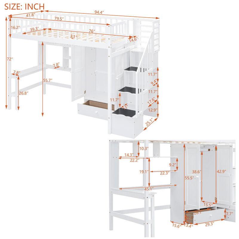 Merax Loft Bed with Bookshelf and Wardrobe