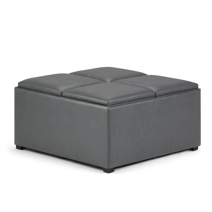 Simpli Home Avalon Square Coffee Table Storage Ottoman In Stone Grey Vegan Faux Leather