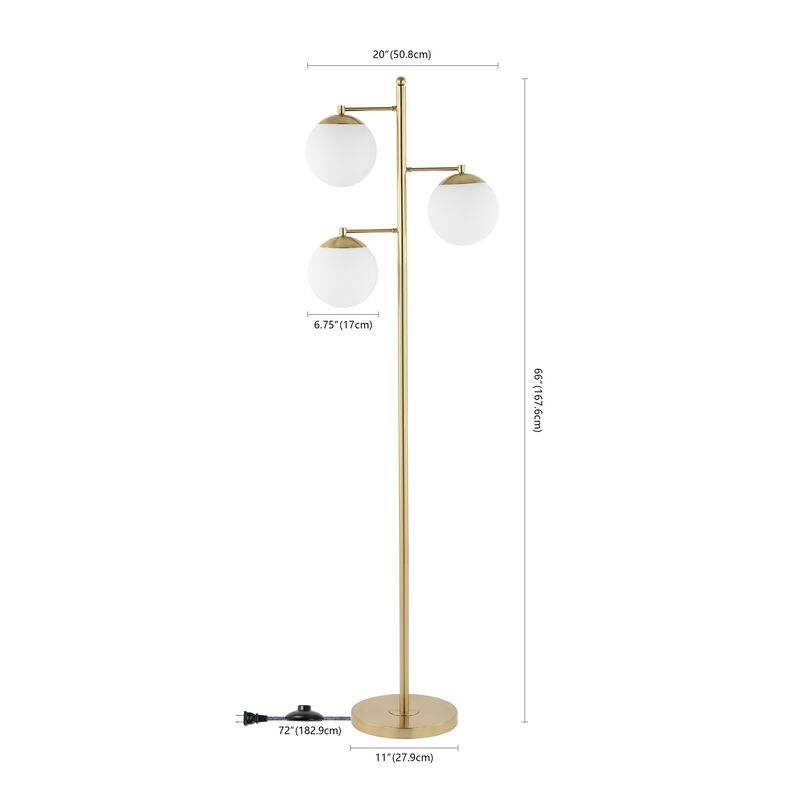 Ellie 66" 3-Light Modern Vintage Iron LED Floor Lamp, Brass Gold/White