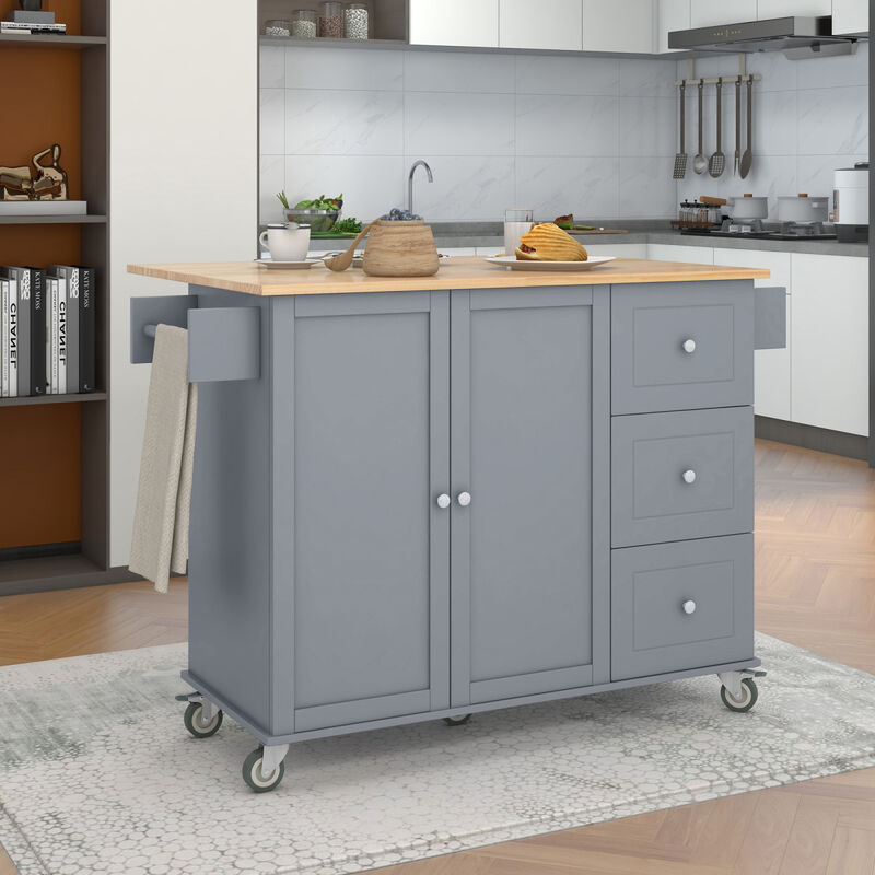 Rolling Mobile Kitchen Island with Solid Wood Top and Locking Wheels, 52.7 Inch Width, Storage Cabinet and Drop Leaf Breakfast Bar, Spice Rack, Towel Rack & Drawer (Grey Blue)