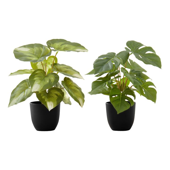 Monarch Specialties I 9584 - Artificial Plant, 13" Tall, Monstera Calthea, Indoor, Faux, Fake, Table, Greenery, Potted, Set Of 2, Decorative, Green Leaves, Black Pots