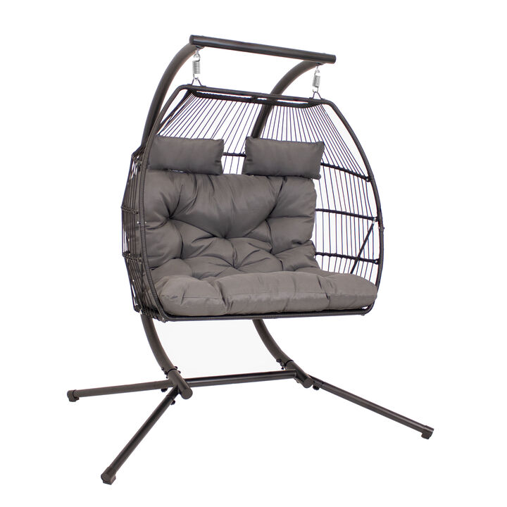 Sunnydaze Polyrattan Andrei Double Egg Chair with Stand and Cushion - Gray