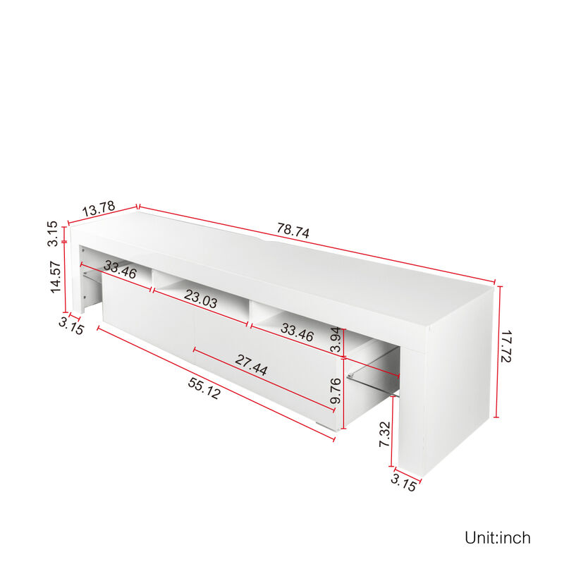 Modern gloss white TV Stand for 80 inch TV, 20 Colors LED TV Stand w/Remote Control Lights