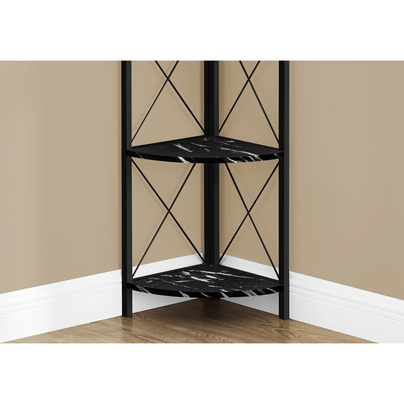 Monarch Specialties I 3650 Bookshelf, Bookcase, Etagere, Corner, 4 Tier, 60"H, Office, Bedroom, Metal, Laminate, Black Marble Look, Contemporary, Modern