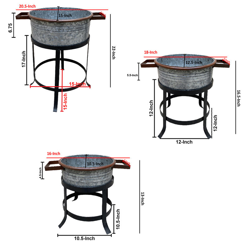 21, 18, and 16 Inch 3 Piece Round Tub Metal Planter Set with Stand in Galvanized Gray and Black Iron-Benzara