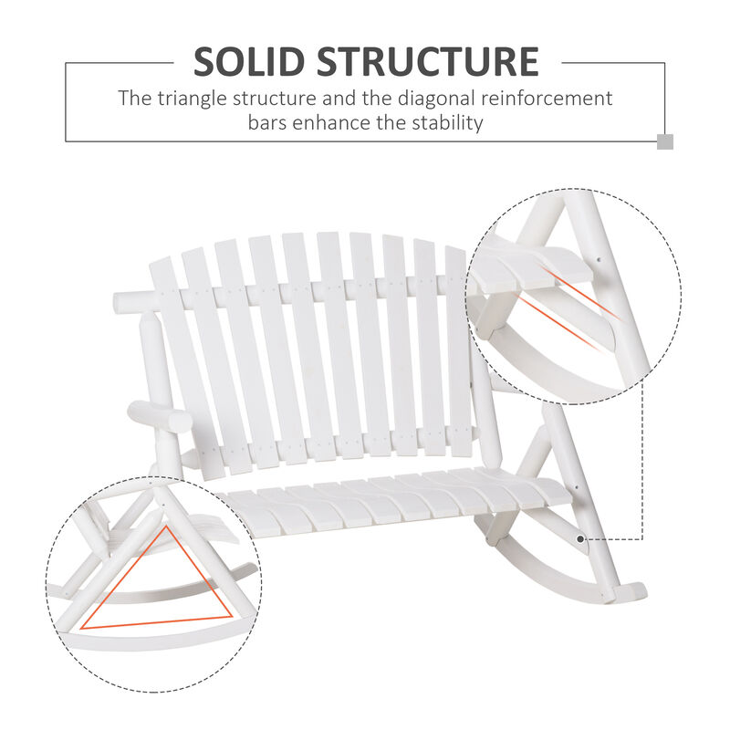 Outsunny Outdoor Wooden Rocking Chair, Double-person Rustic Adirondack Rocker with Slatted Seat, High Backrest, Armrests for Patio, Garden and Porch, White