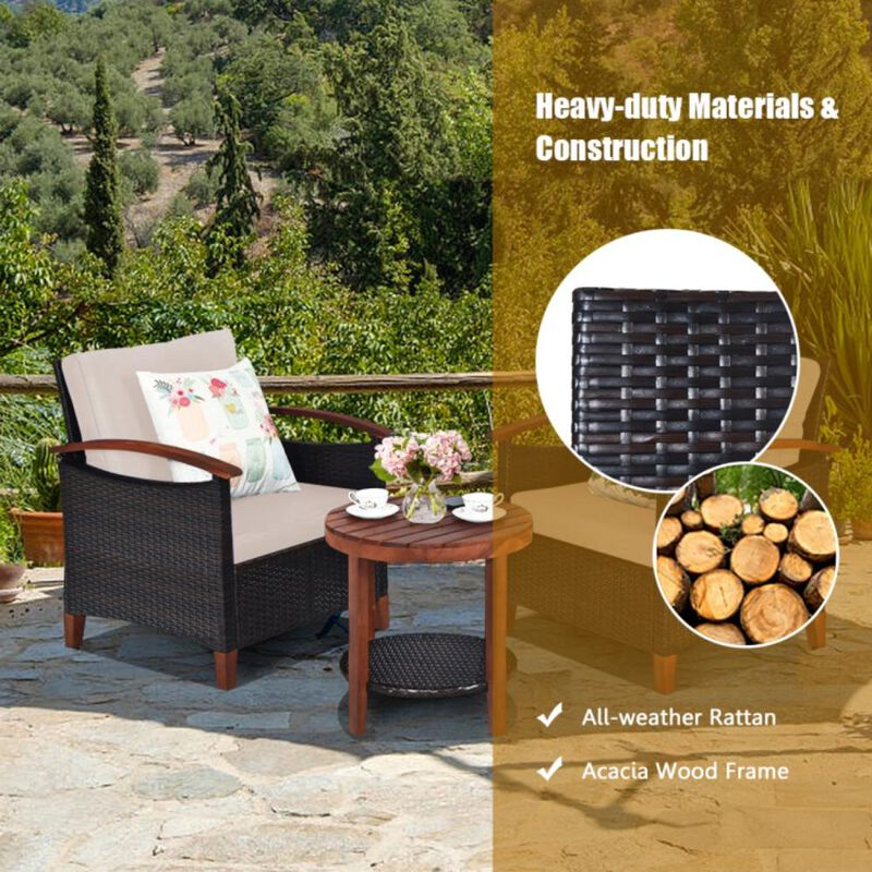 Hivvago 3 Pieces Patio Wicker Furniture Set with Washable Cushion and Acacia Wood Tabletop