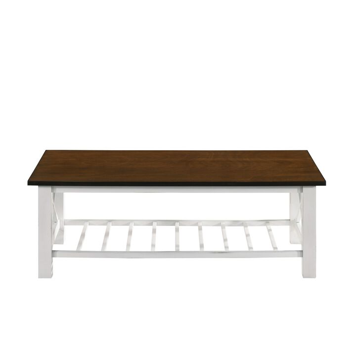 Viki 47 Inch Coffee Table, Crossbar, Slatted Open Shelf, White and Brown-Benzara