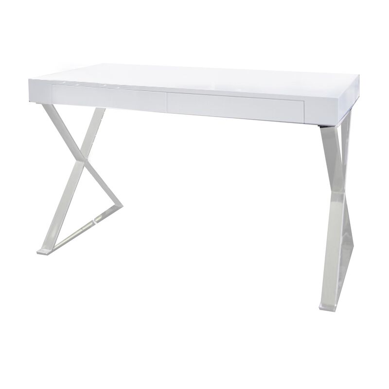 Rix 47 Inch Office Desk, White Wood Top, 2 Drawers, X Polished Steel Legs - Benzara