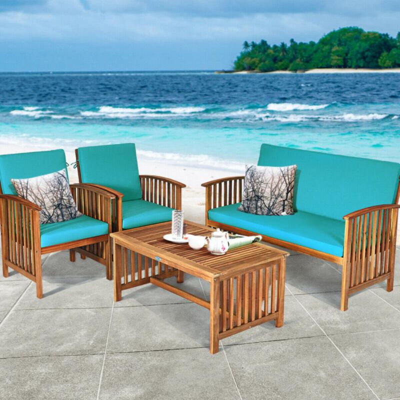 Hivvago 4 Pieces Patio Solid Wood Furniture Set with Water Resistant Cushions