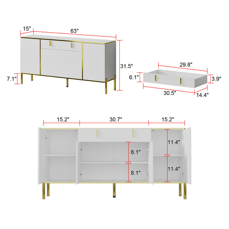 White Wavy Paint Finish Floor-Standing Sideboard Cupboard with 4-Doors 2-Drawers Adjustable Shelves