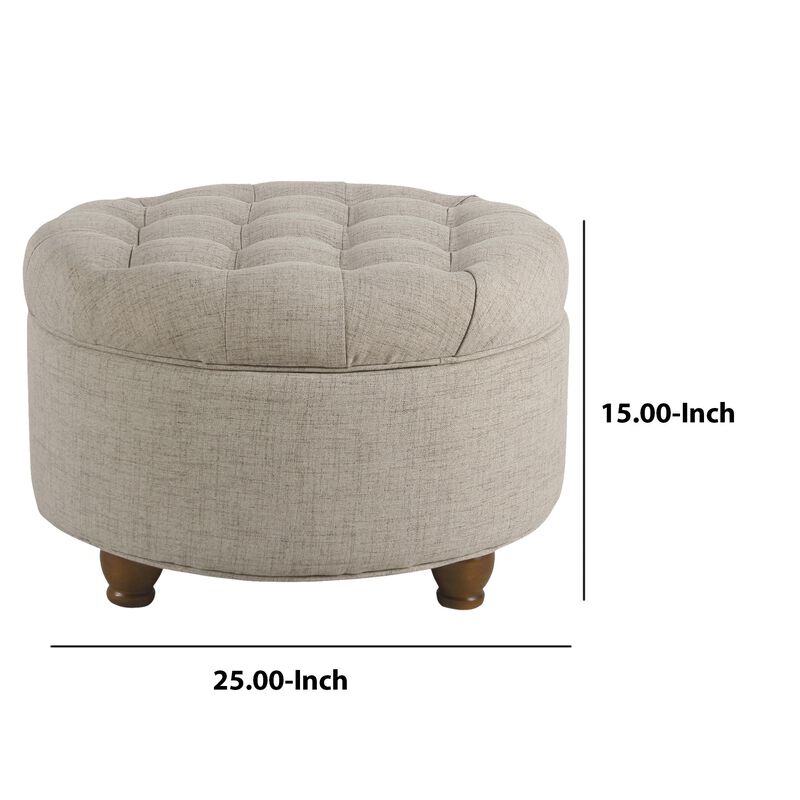 Fabric Upholstered Wooden Ottoman with Tufted Lift Off Lid Storage, Beige - Benzara