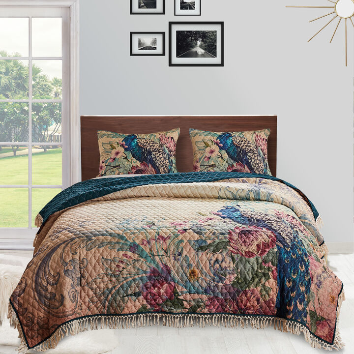 Ufa 36 Inch Quilted King Pillow Sham, Peacock Print, Vermicelli Stitching - Benzara