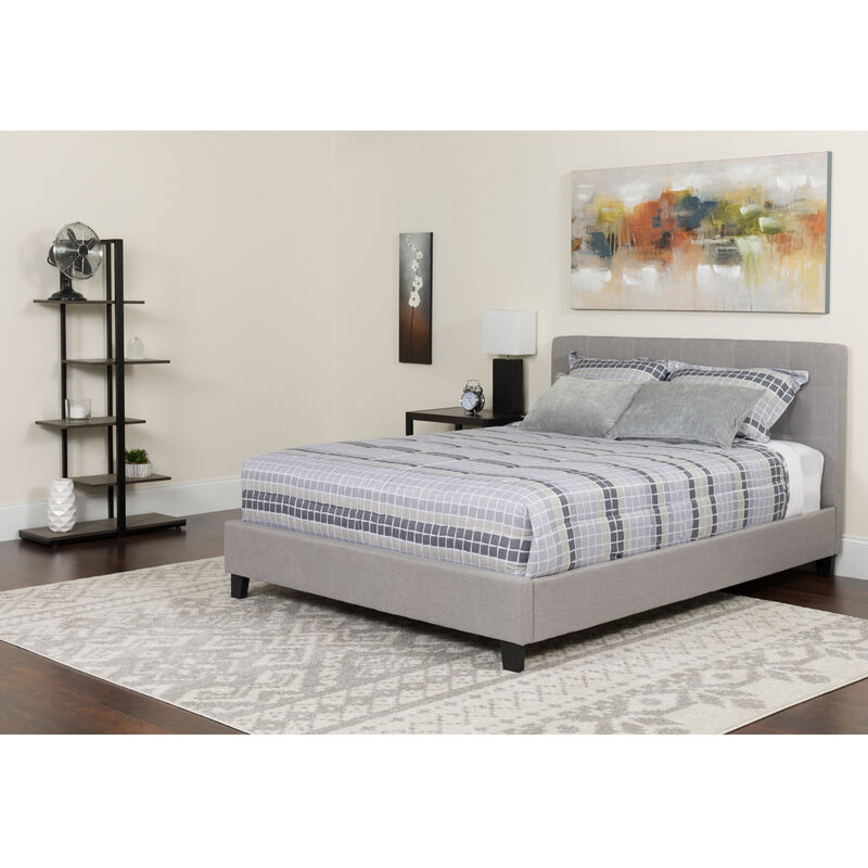 Tribeca Queen Size Tufted Upholstered Platform Bed in Light Gray Fabric with Memory Foam Mattress