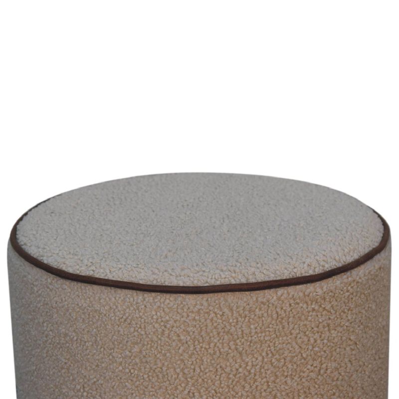 Solid Wood Boucle Round Footstool with Bufallo Leather Piping