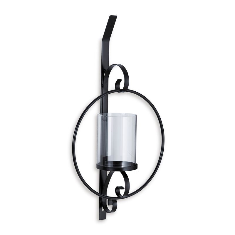 23 Inch Wall Sconce Candle Holder, Glass Hurricane, Keyhole Bracket, Black - Benzara