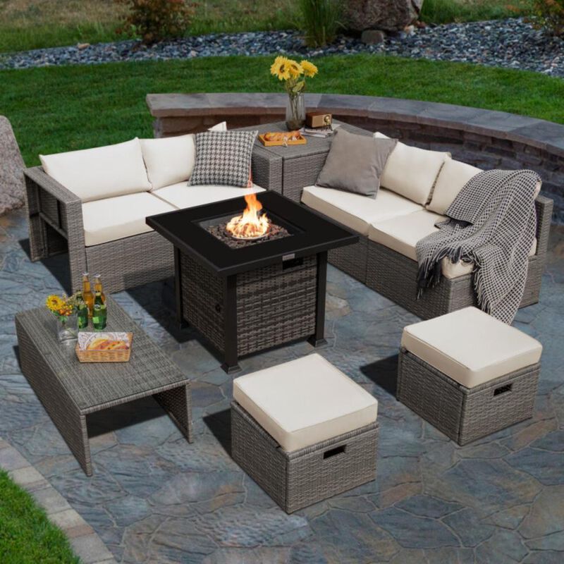 Hivvago 9 Pieces Outdoor Patio Furniture Set with 32-Inch Propane Fire Pit Table