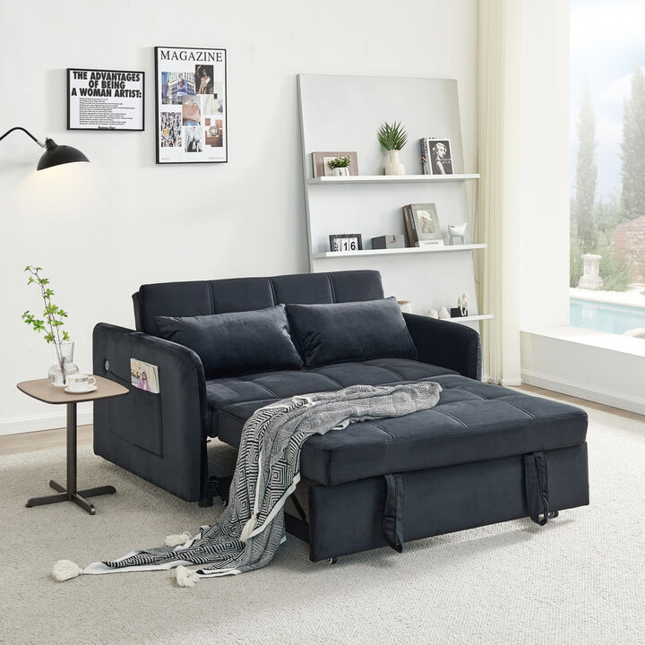 55.5" Twins PUll Out Sofa Bed Black Velvet