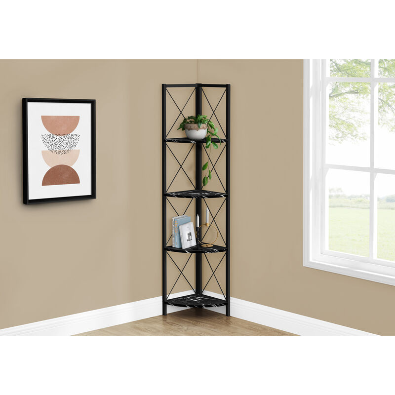 Monarch Specialties I 3650 Bookshelf, Bookcase, Etagere, Corner, 4 Tier, 60"H, Office, Bedroom, Metal, Laminate, Black Marble Look, Contemporary, Modern