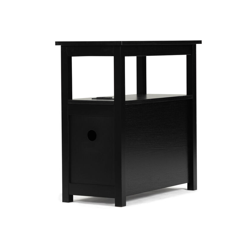 End Table With Charging Station, Narrow Sofa Side Table, Wooden Nightstand, Bedroom, Black