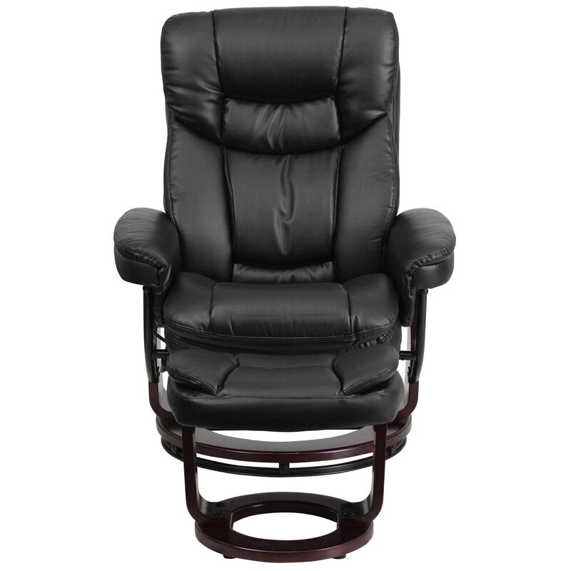 Flash Furniture Allie Contemporary Multi-Position Recliner and Curved Ottoman with Swivel Mahogany Wood Base in Black LeatherSoft