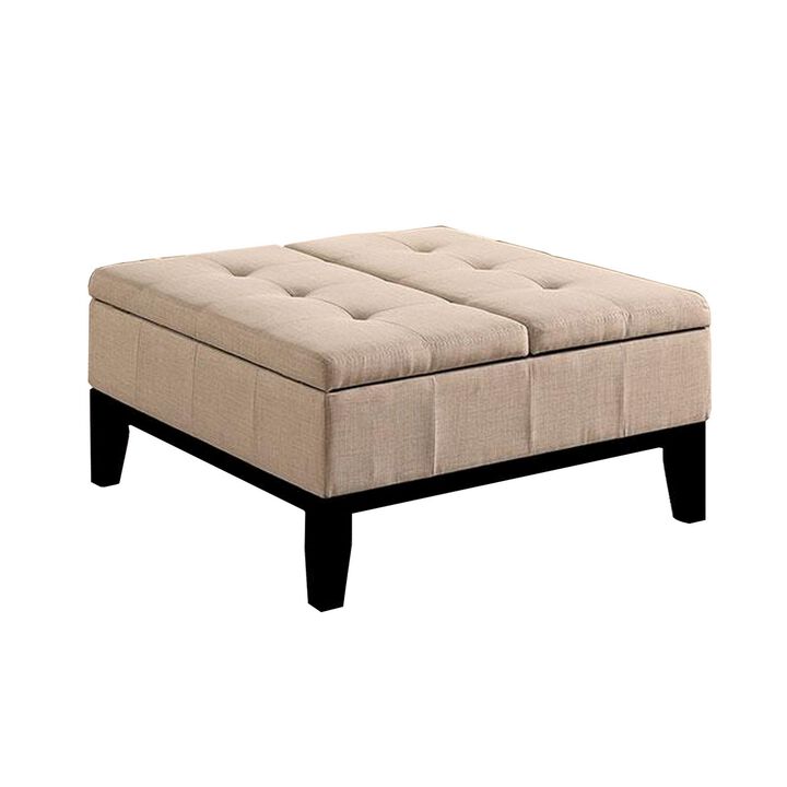 Orin 36 Inch Ottoman, Split Storage Lid, Tufted Beige Upholstery, Wood - Benzara