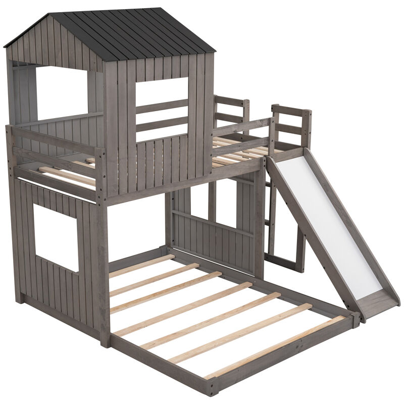 Wooden Twin Over Full Bunk Bed, Loft Bed With Playhouse, Farmhouse, Ladder, Slide And Guardrail