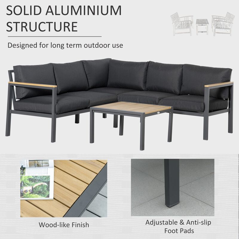 Dark Grey Patio Lounge: 5-Seater L-Shaped Aluminum Sectional Set